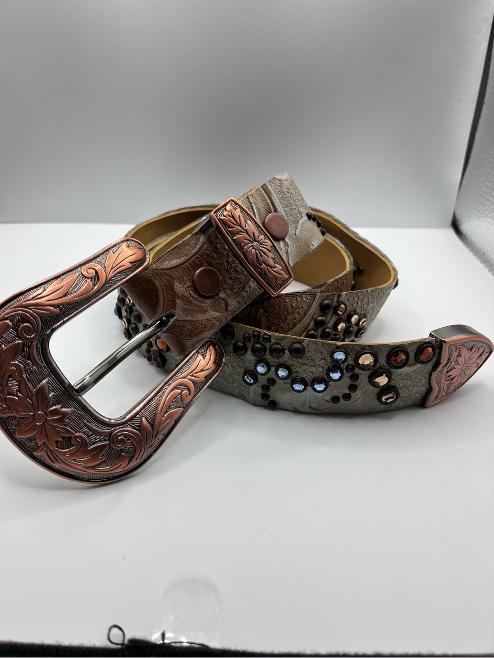 Kippys Studded Leather Belt with Copper Accents and Blue Rhinestones